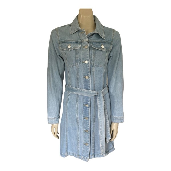 Country Denim Button Front Shirt Dress Size 6  Pockets Long Sleeve Tie Belt Blue