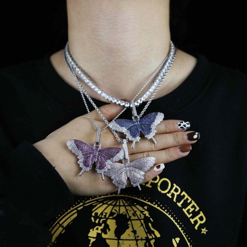 5AAA+ CZ Hip Hop Ice Out Butterfly Bling Pendant Necklace 14k Real Gold Plated - Picture 3 of 16