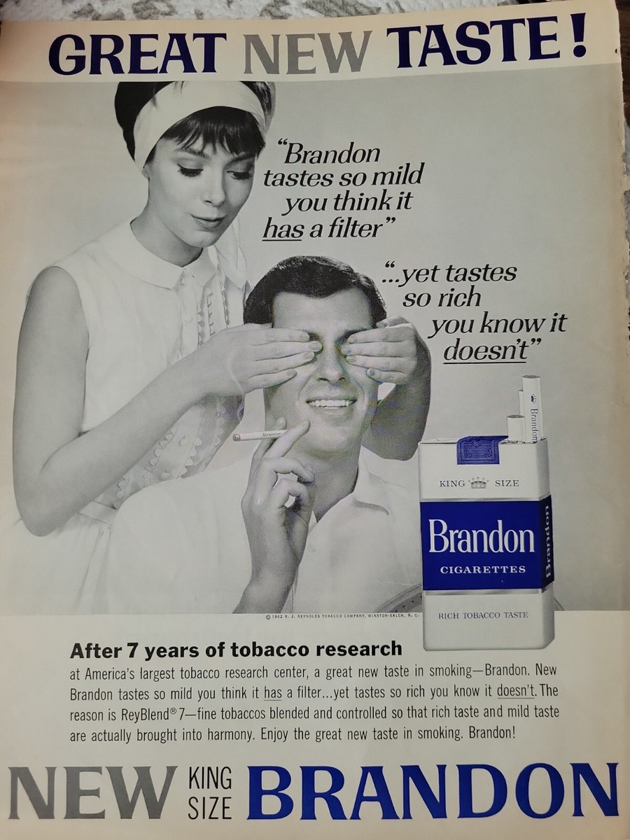 1962 Brandon cigarettes woman headband blindfold man vintage ad