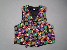 Vintage Looney Tunes Vest Men Small Black Silk Button Up Bugs Bunny Tweety Bird