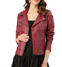 Women's Biker Retro Maroon Motorcycle Aviator Slim Fit Wear Real Leather Jacket