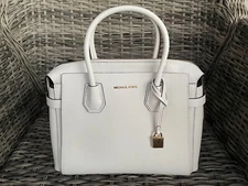 NWT Michael Kors Mercer Medium Leather Satchel Bag Tote, Optic White, Authentic!