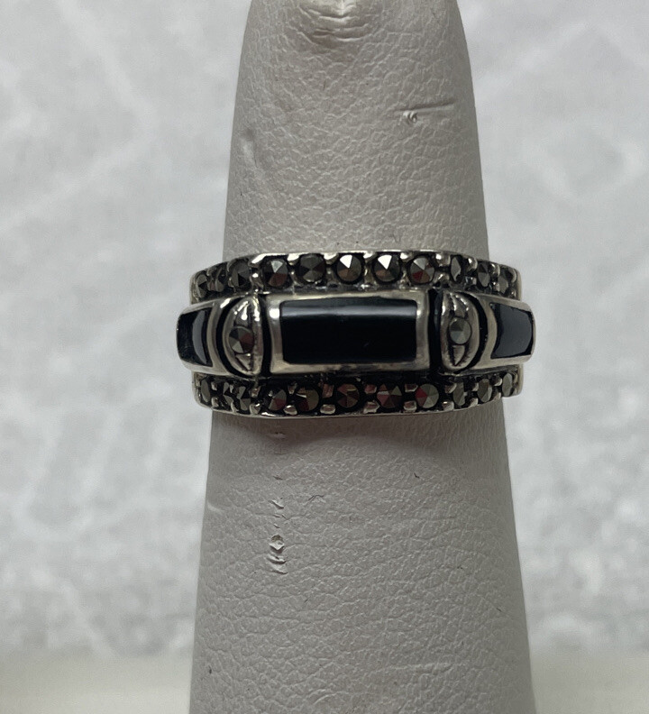 STERLING SILVER 3 RECTANGULAR ONYX MARCASITE RING… - image 1