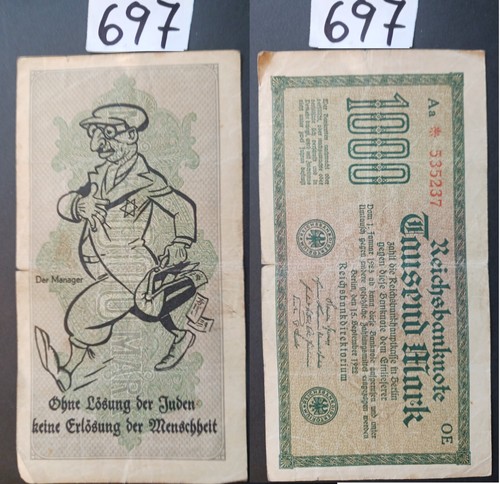 A697 = One Germany banknote 1000 mark 1922, devalued by a historical overprint