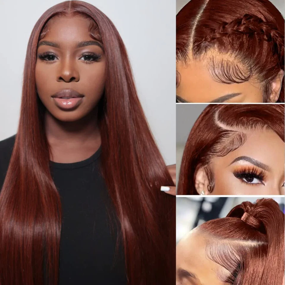 Peluca de cabello humano frontal de encaje recto marrón rojizo Malasia UNICE 13x4 rojo Cooper Foto 2 de 4