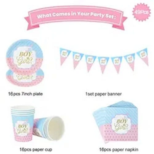 49 peças decoração conjunto de louça prato/copo de papel descartável revelação de gênero menino ou menina - Imagem 2 de 4