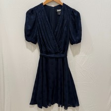 DKNY Dress 2 Navy Blue Polka Dot Puff Short Sleeve Faux Wrap Pleated A-Line Mini