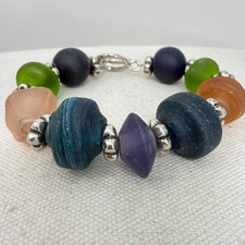 Sea Glass Bead Bracelet Colorful Silver Tone Toggle Clasp Boho Artsy