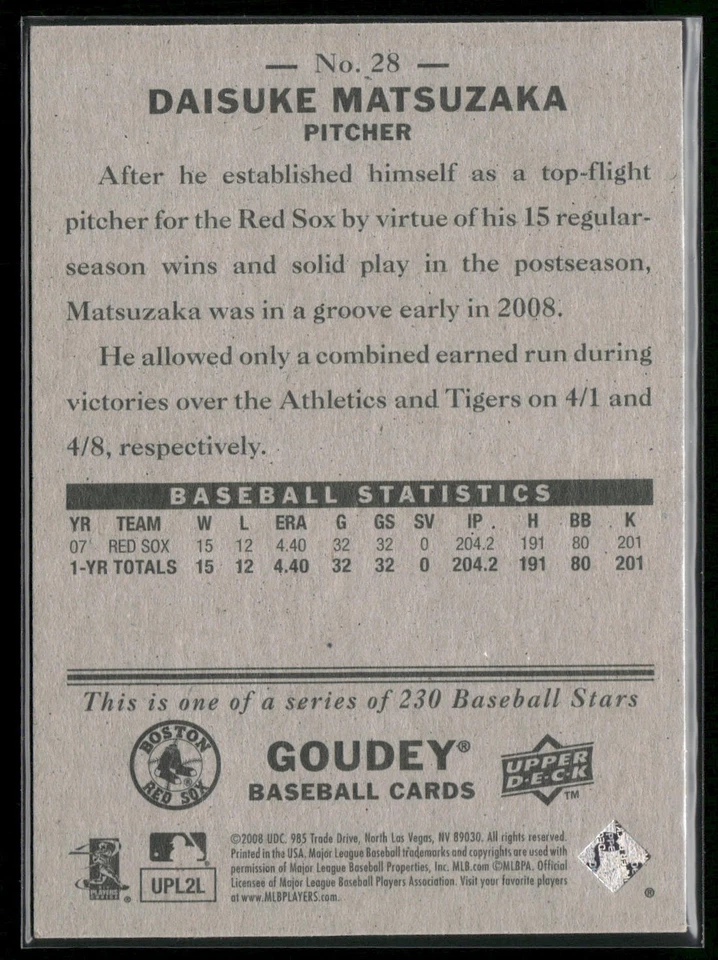 2008 Upper Deck Goudey #28 Daisuke Matsuzaka - Image 2 of 2