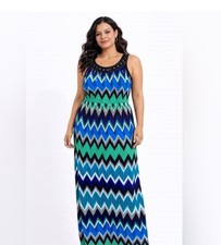 AB Studio Maxi Dress Multicolored Embellished Round Neck Elastic Waist Size L