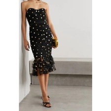 Marchesa Notte NWT Strapless Black Gold Sequin Polka Dot Tulle Midi Dress 8