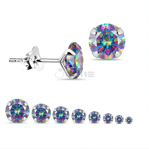 Rainbow Round Crystal Stud Earrings Genuine 925 Sterling Silver 3mm-8mm