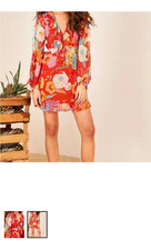 Farm Rio Red Floral Shift Dress XS Long Sleeve V-Neck Ruffle Tassel Mini