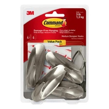 Command Medium Designer Hooks, Brushed Nickel, 4 Wall Hooks