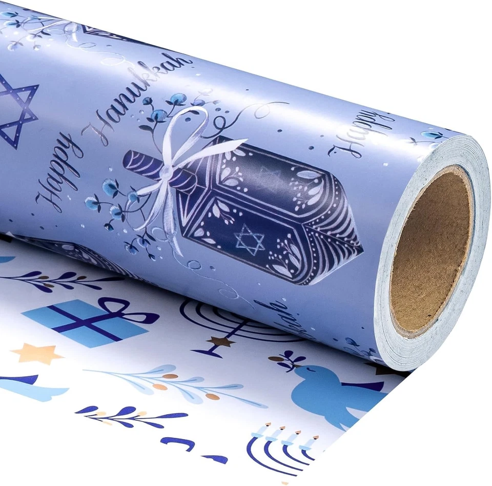 30 Inch Jumbo Hanukkah Reversible Wrapping Paper - Dreidels & Menorah Designs - Image 3 of 4