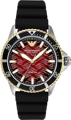 Emporio Armani Red & Black Silicone Silver Gold Automatic Watch AR60070 NWT