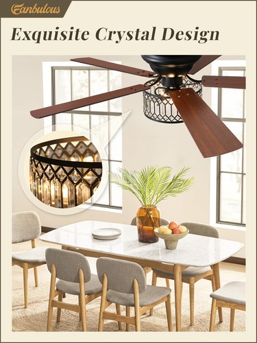 56 Inch Low Profile Chandelier Ceiling Fan with Light Crystal Ceiling fan wit... - Picture 5 of 8