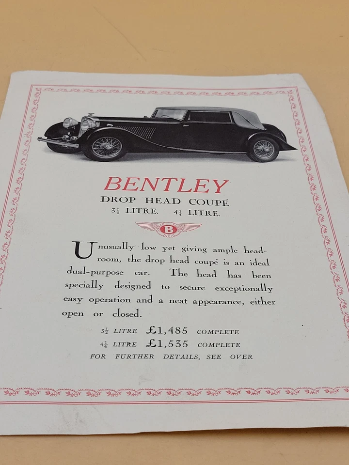 DE COLECCIÓN BENTLEY CABEZA CAÍDA CUPÉ 3 1/2 Y 4 1/4 LITROS HOJA DE INFORMACIÓN DE VENTAS  Foto 3 de 4