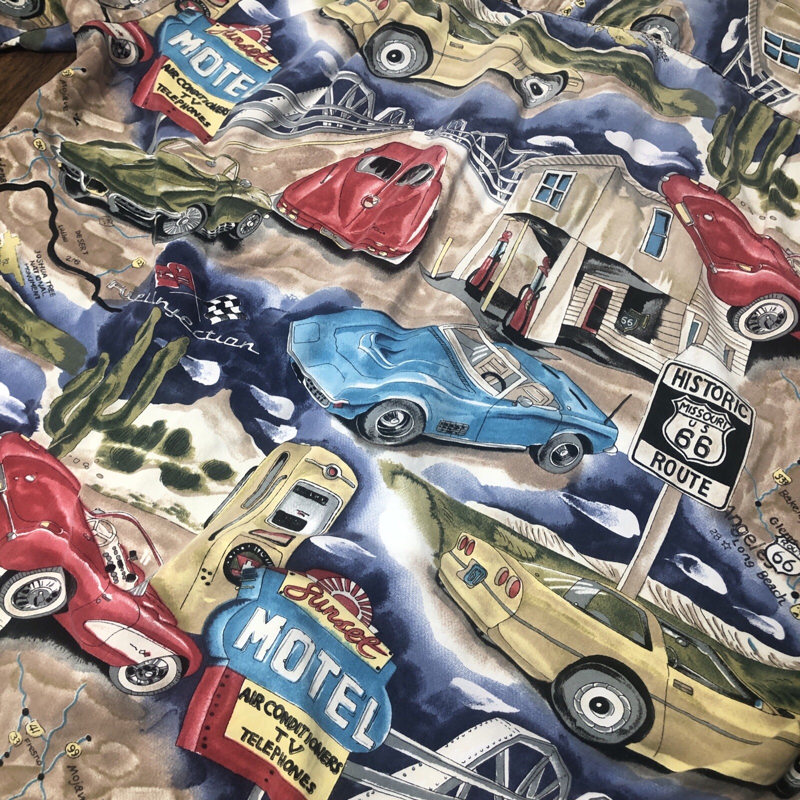 Vtg PARADISE FOUND Hawaiian Shirt Mens M Route 66 Corvette Stingray Made Hawaii