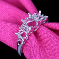 Three Stone Oval Cut Semi Mount Sterling Silver 925 Handcrafted Jewellery Ring