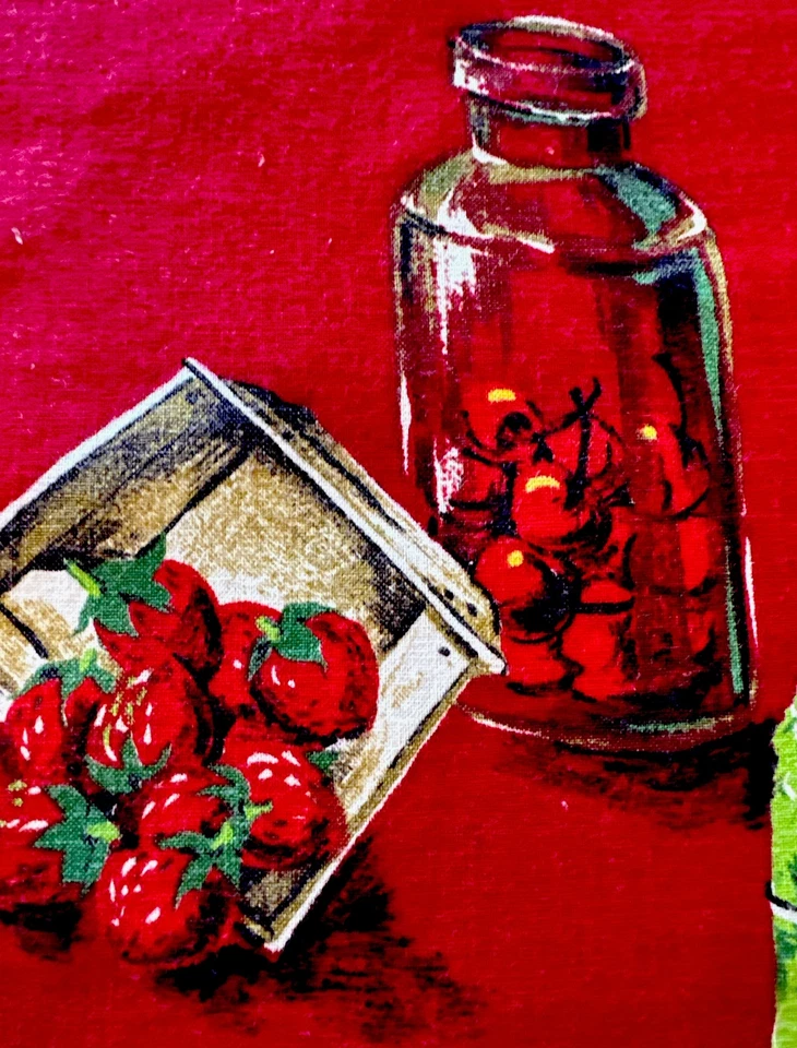 Vtg Broadcloth Cotton Fabric W41xL1.6Yds Kitchen Theme Red Green White RARE NICE - Image 3 of 4