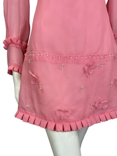VTG 60S MOD PINK MESH RUFFLE CLEAR BEADED FLOWER BISHOP SLEEVE SHIFT DRESS 8 - Picture 8 of 13