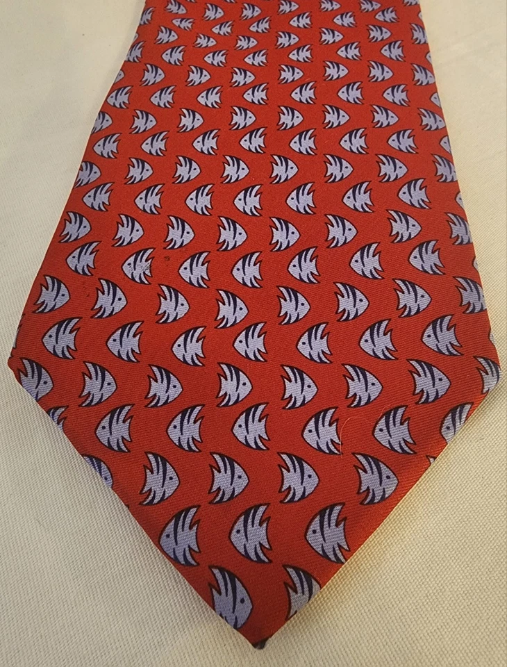 Corbata de seda J.CREW ROJA con pez océano azul hecha a mano en EE. UU. Preppy Foto 2 de 4