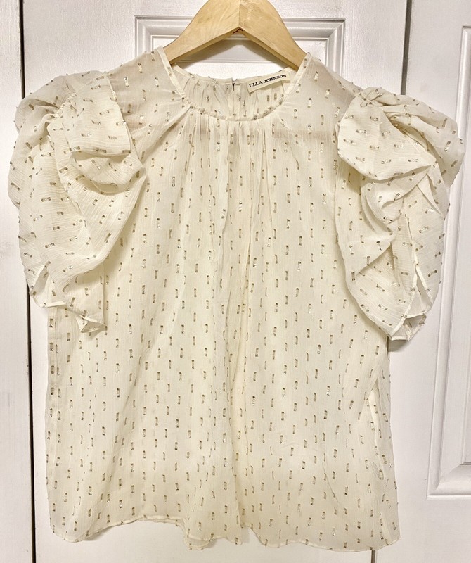 NWOT Ulla Johnson Gold Metallic Clip Dots Ivory Puff Sleeves Blouse Top Sz 4