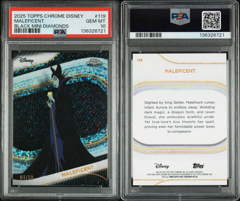 2025 TOPPS CHROME DISNEY #119 MALEFICENT BLACK MINI DIAMONDS 1/10 PSA 10 POP 1 - Image 3 of 4