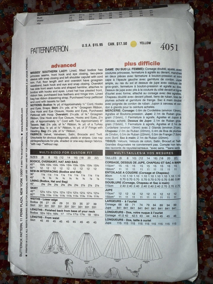 Butterick Pattern 4051 Sz 12-16 Southern Belle Scarlett O'Hara Theater Costume - Image 2 of 2