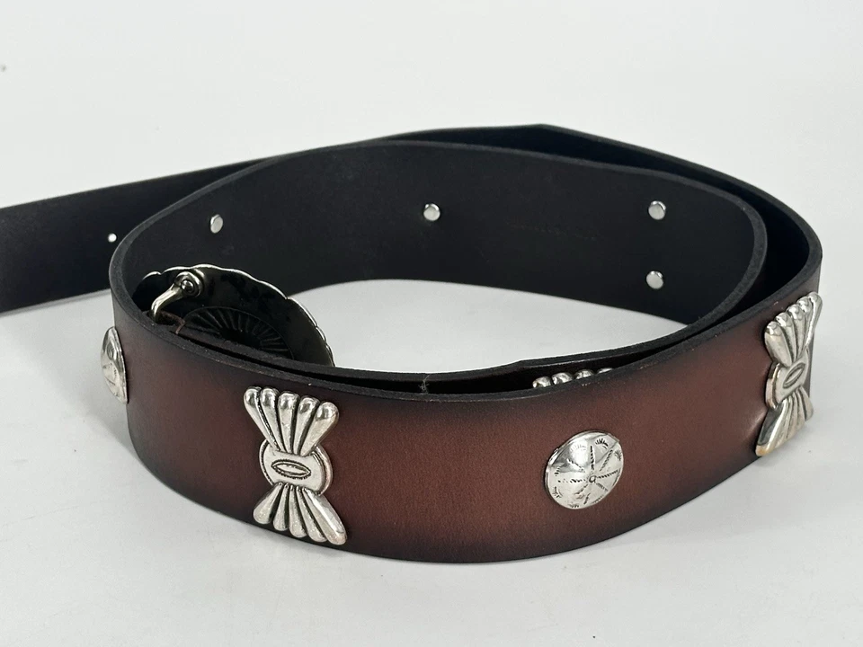 R.L.L RALPH LAUREN Cinturón de Cuero Marrón Concho Plateado Turquesa Occidental MEDIANO Foto 2 de 4