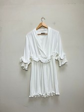 PrettyLittleThing Dress Womens UK 12 White Pleated Ruffle V Neck 3/4 Sleeve