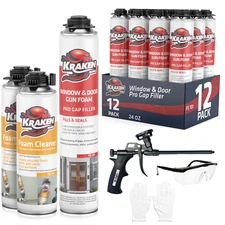 Kraken Bond PRO Window &Door Low Exp Gap Filler Gun Foam 24oz 12Pk Gun Incl. Set