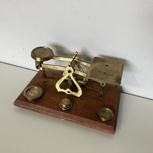 Antique Brass & Wood Small Postal Postage Letter Scales with Weights