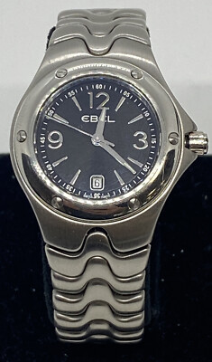 EBEL Sportwave 30MM Silver Dial SS Womens Black Face Watch. Swiss Made