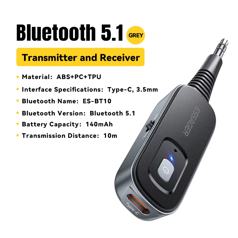 Bluetooth 5.1 Audio Transmitter Receiver with Mic 3.5mm AUX Stereo Wireless Adapter
