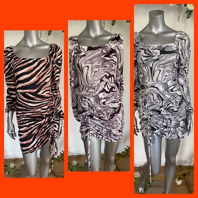 Influence Kleid Größe 8 & 12 Marmor Tiermotiv Rüschen Langarm Neu KB75 