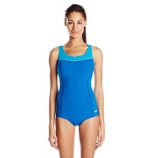 Speedo Women's High Neck Piped One Piece Fitness Swimsuit, Dusk Blue-10