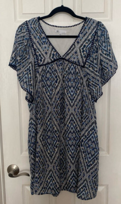 DR2 V Neck Flutter Sleeve High Waist Dress Blue Geometric Medium