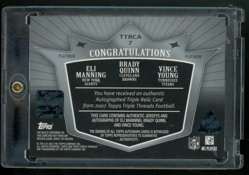 Eli Manning/Quinn/Vince Young 2007 Topps Triple Threads Rookie RC Auto Patch 1/1 - Image 2 of 2