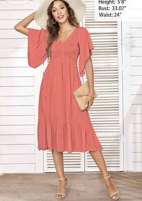PYGFEMR Women's Midi Summer Dress M  V-Neck Empire Waist Short Sleeve |  eBay