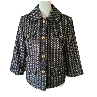REQ VTG Blazer Tweed Black White Blue Metallic With Gold Buttons Women's Size 6