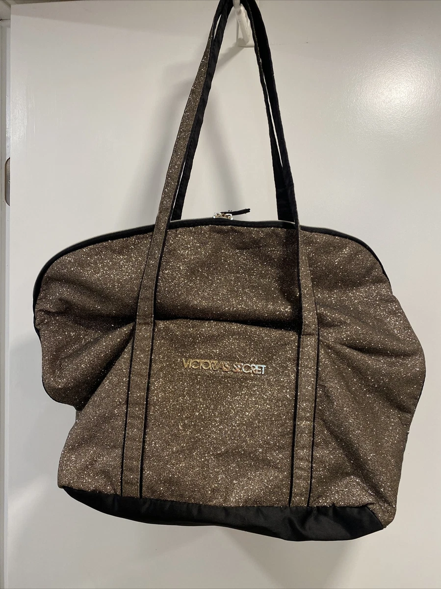 Victoria's Secret Weekender Tote Bag Glitter Black Gold Travel Gym  Overnight Bag