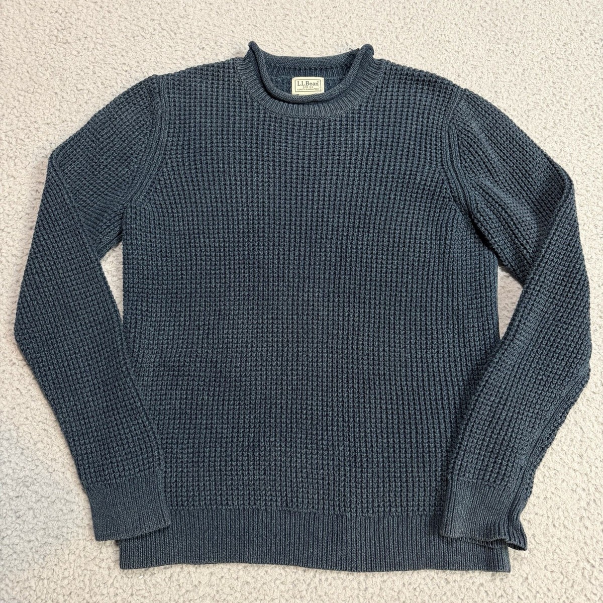 LL Bean Sweater Mens Medium Blue Green Roll Neck Fisherman Knit 