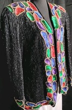 Vintage Beaded Sequin Silk Jacket Size Large Shoulder Pads Black