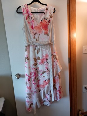 Calvin Klein Dress Size 12 Floral Belted Spring Graduation White Pink  Ruffle | eBay
