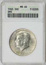 1965 SMS Kennedy mezzo dollaro 50C MS 64 ANACS piccolo vecchio supporto