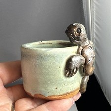 Tiny green planter candle holder with turtle pottery signed MLH