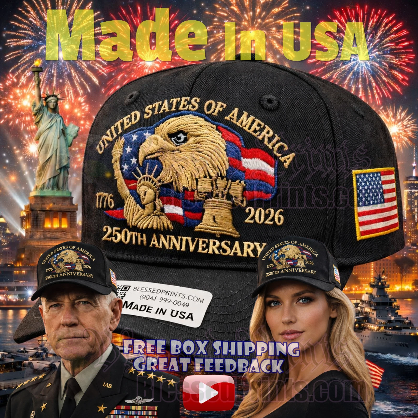 USA 250th Anniversary Hat Cap Embroidered Eagle 1776 2026 Black Made In USA V2.0