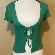 Reformation Women's Kelly Green Shirt, Size Small, Deep V-Neck, Tie Front